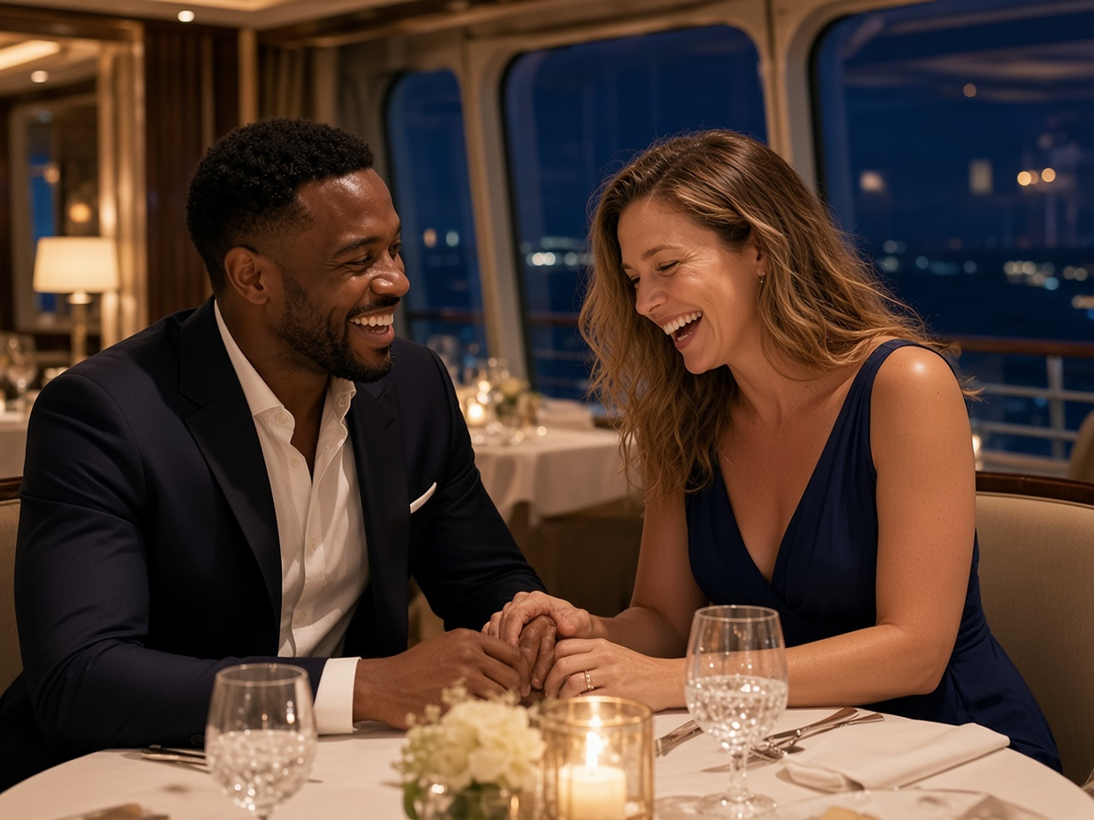 A couple at a candlelit dinner on a cruise ship, dressed for the evening