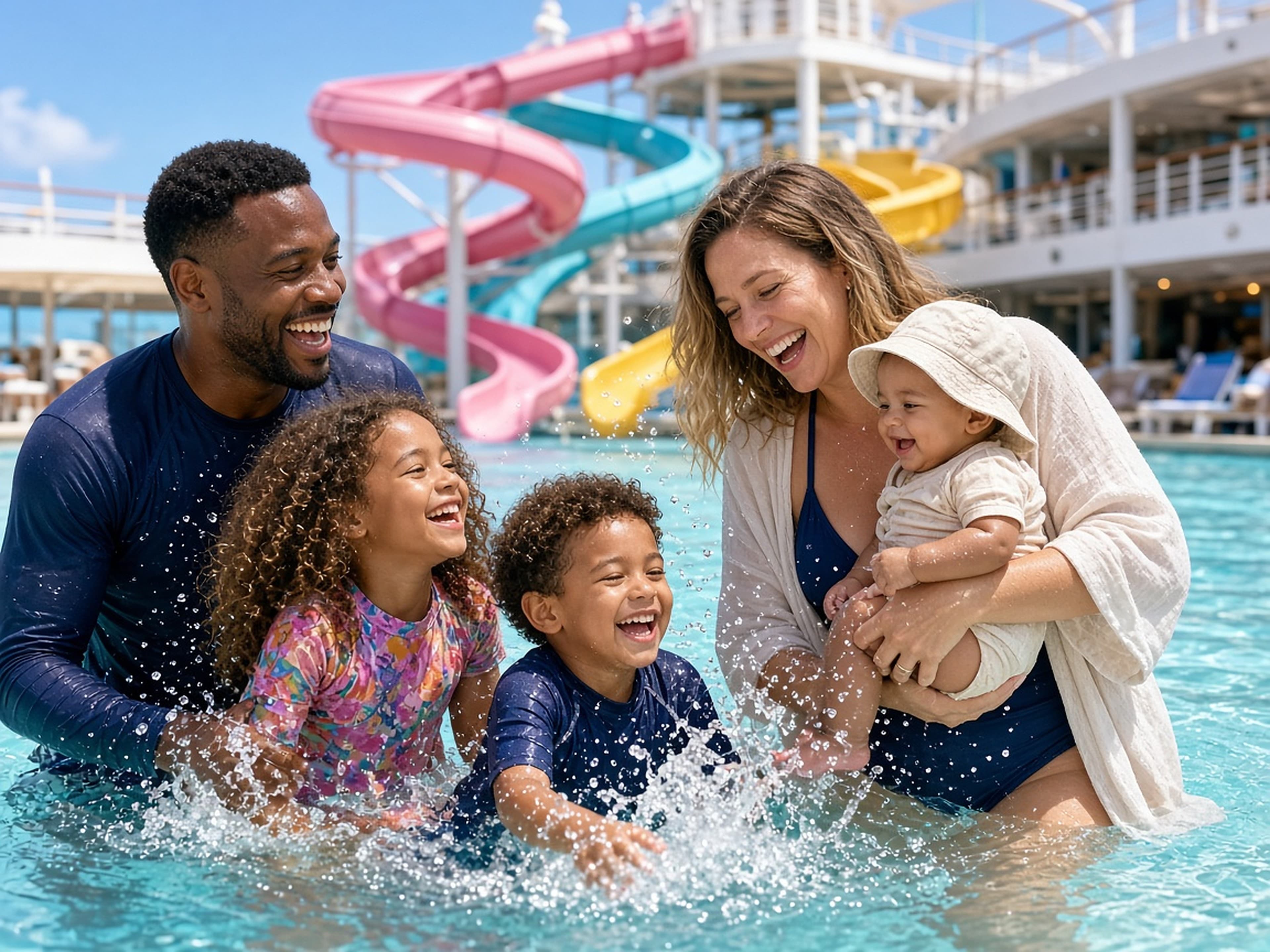 A biracial family laughing in a cruise-ship pool, colorful water slides behind them, a baby held at the water's edge