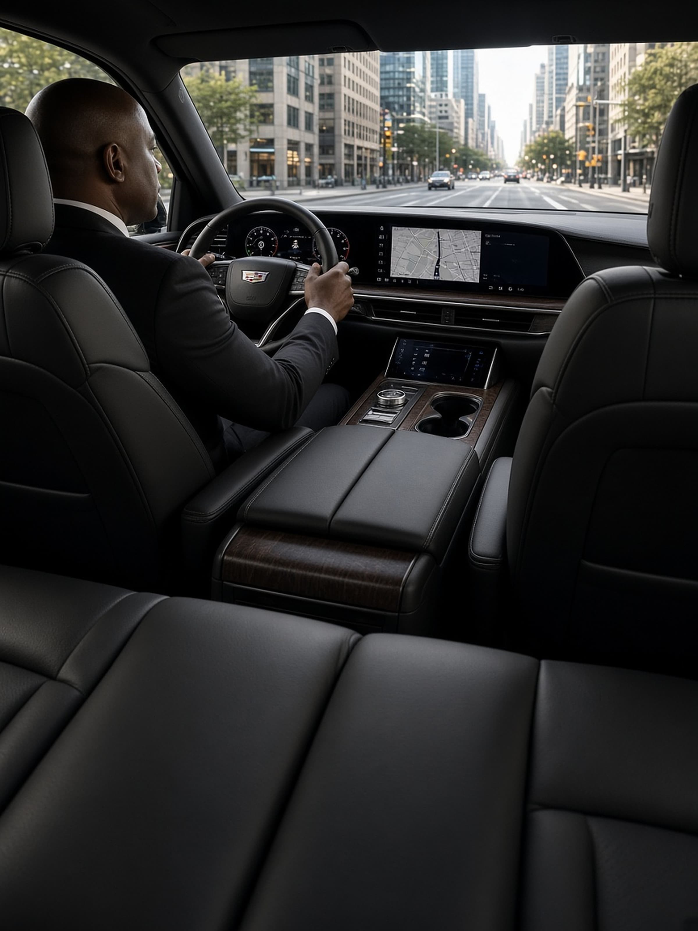 A bald driver in a black suit and black tie at the wheel of a Cadillac Escalade, front passenger seat empty