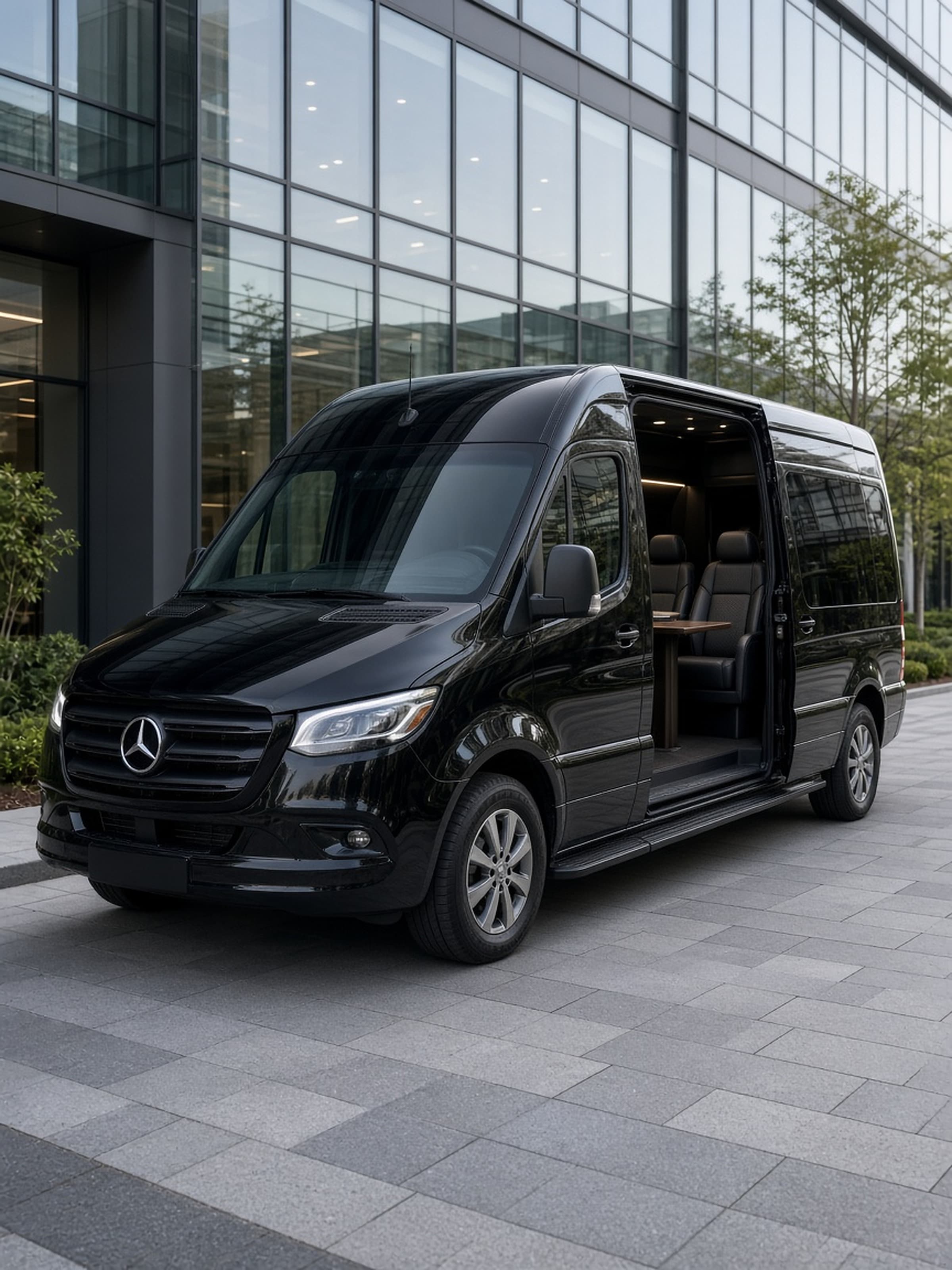A black Mercedes-Benz Sprinter with the side door open to a leather mobile office