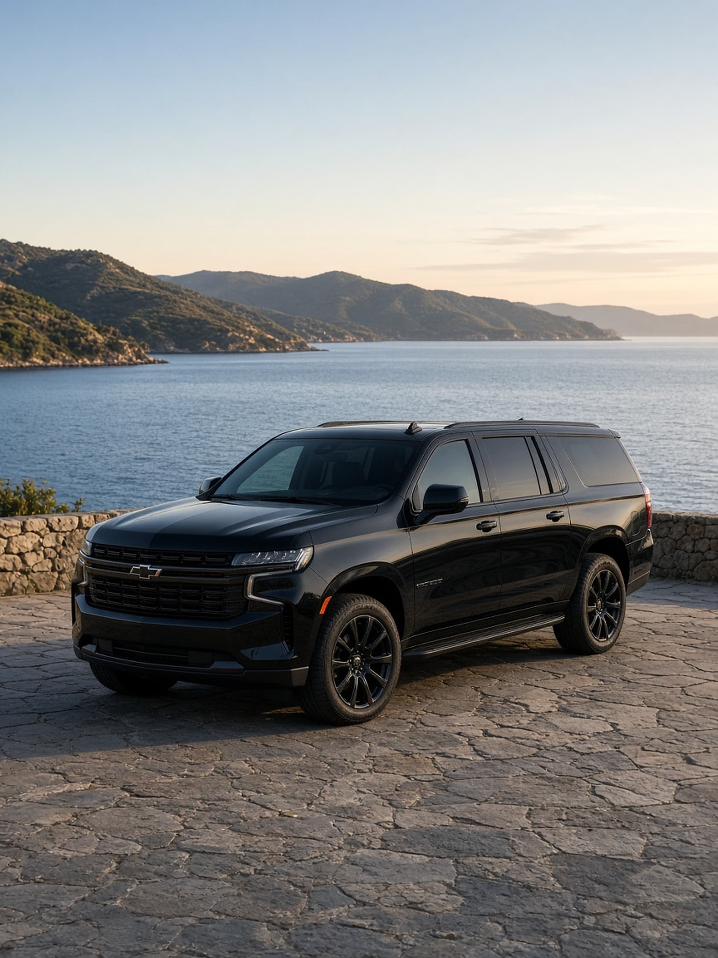A pristine black Chevrolet Suburban with tinted windows, parked above the coast