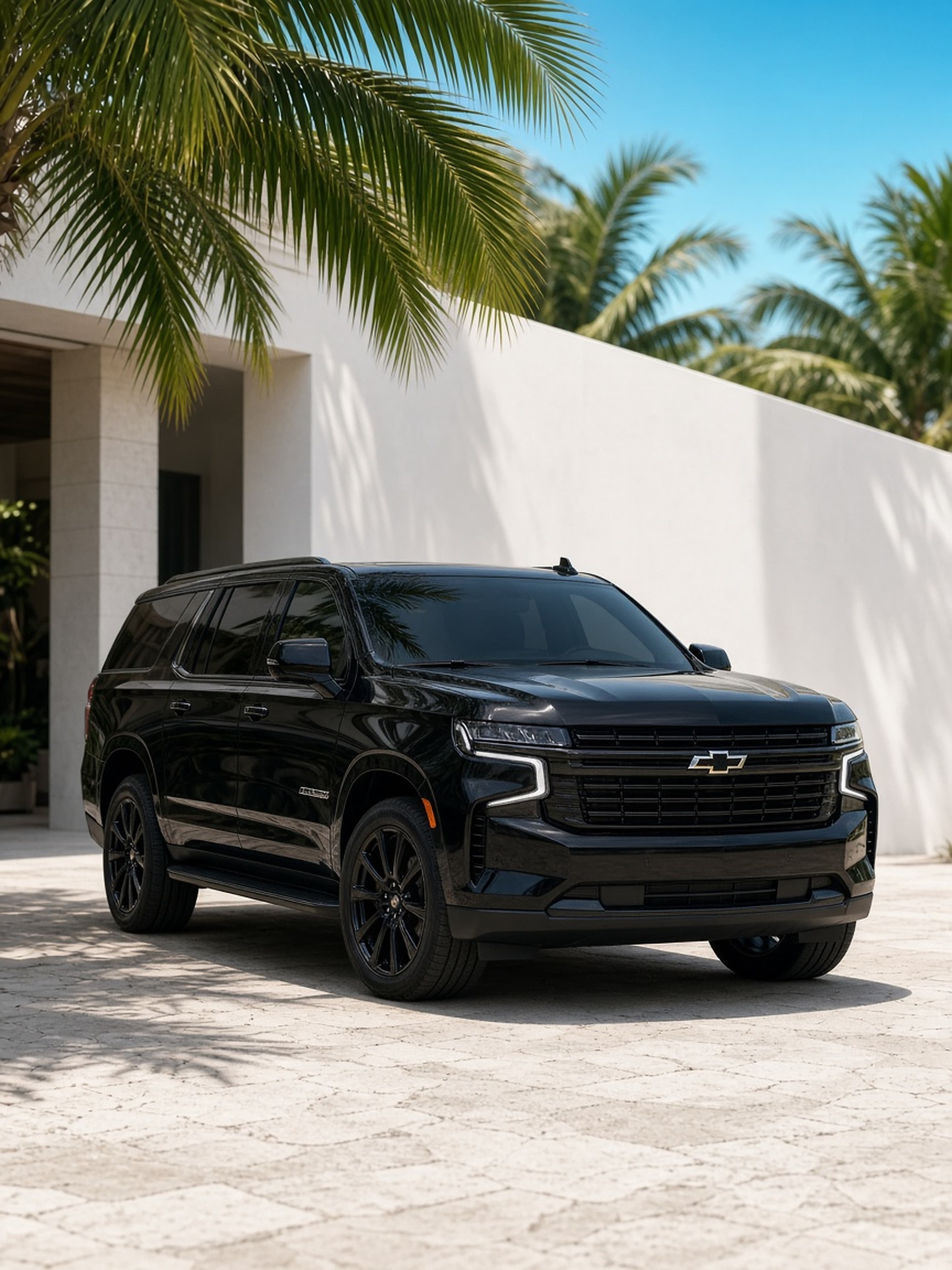 A black Chevrolet Suburban parked at a white hotel, palms overhead
