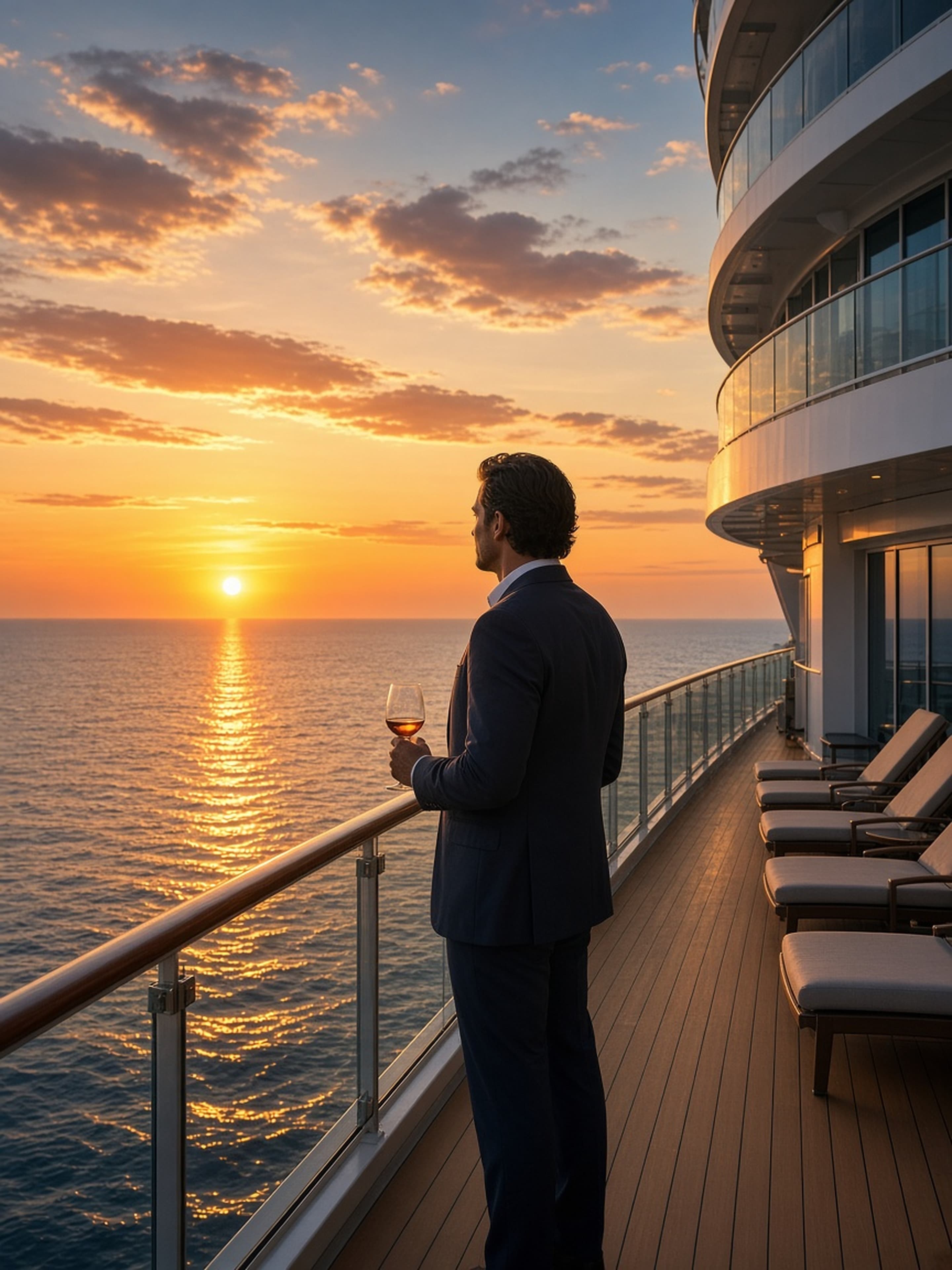 A guest watching the sunset from the top deck of a cruise ship