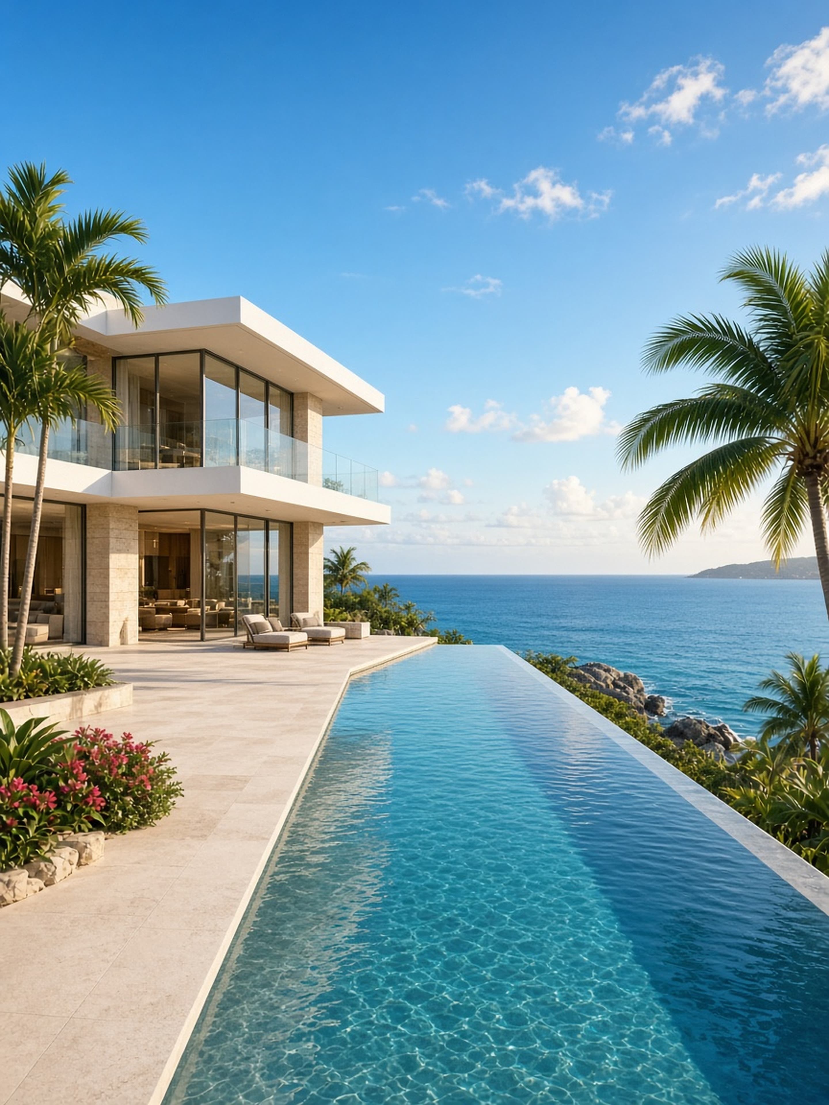 A modern luxury villa with an infinity pool above the ocean